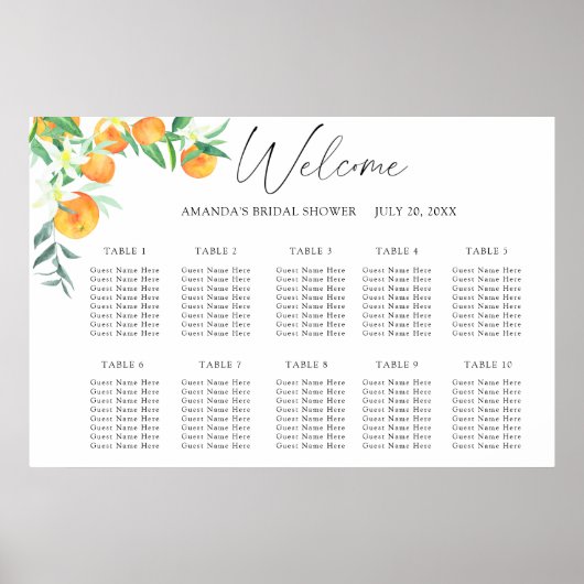 Aquarel CITRUS bruiloft zitplaatskaart Poster (Voorkant)