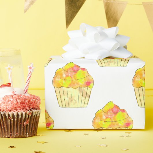 Aquarel Cupcake Schildering Op Wit Cadeaupapier (Verjaardagsfeest)