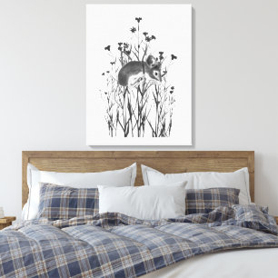 Aquarel Cute Kleine Muis Hangend aan Bloemen Canvas Afdruk