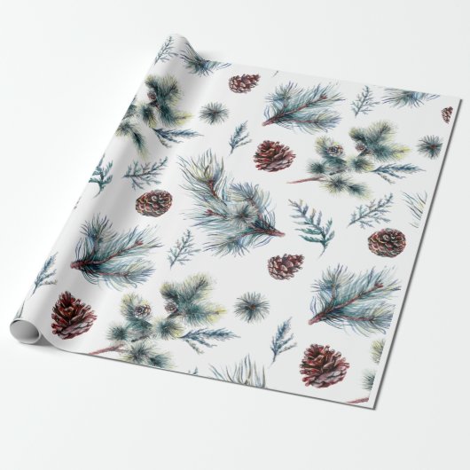 Aquarel Dennentakjes Kerstmis Cadeaupapier (Uitgerold)