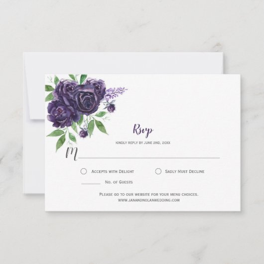 Aquarel Diep Paarse Rozen Groene Bladeren RSVP (Voorkant)