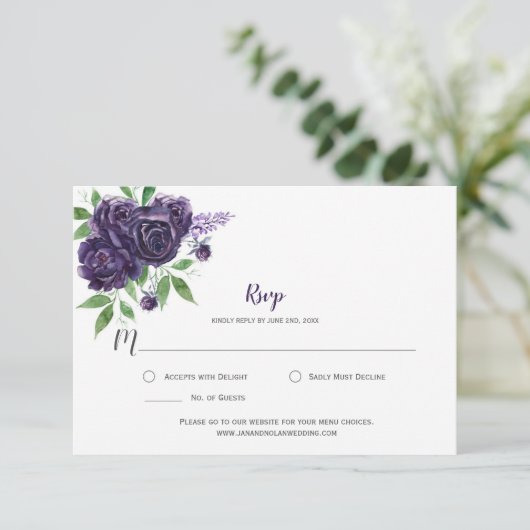 Aquarel Diep Paarse Rozen Groene Bladeren RSVP (Staand voorkant)