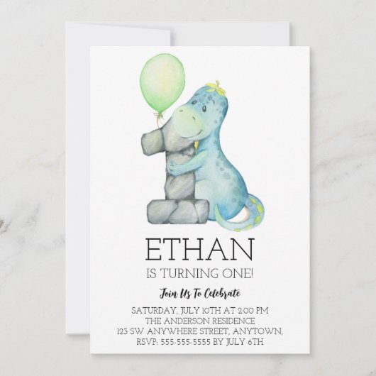 Aquarel Dinosaurus 1e Verjaardagsfeest Uitnodiging (Voorkant)