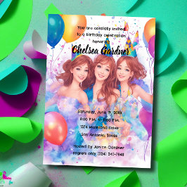 Aquarel Drie Jonge Meisjes die Verjaardag Vieren Kaart