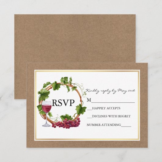Aquarel Druiven Wijnstokken Houten Krans Kraft Bru RSVP Kaartje (Voorkant / Achterkant)