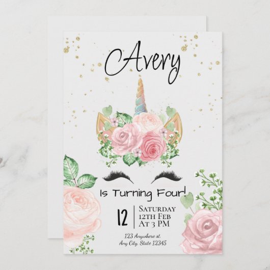 Aquarel Eenhoring Verjaardagsfeest Uitnodiging (Voorkant / Achterkant)