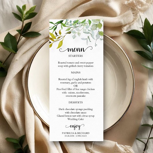 Aquarel Elegant Groene Huwelijksmenu Menu