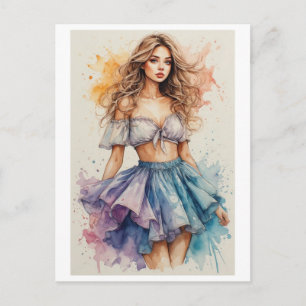 Aquarel en Kleurrijk Jonge Dame Ontwerp op een Feestdagenkaart