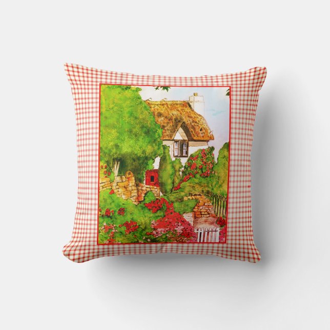 Aquarel Engels Cottage Rood Witte Ruiten Kussen (Voorkant)
