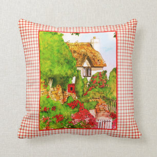 Aquarel Engels Cottage Rood Witte Ruiten Kussen