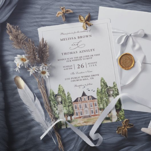 Aquarel Engelse Huis Budget QR Code Trouwen Kaart
