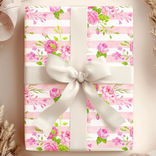 Aquarel Engelse Rozen Roze Witte Strepen Cadeaupapier