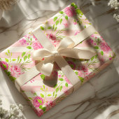 Aquarel Engelse Rozen Roze Witte Strepen Cadeaupapier