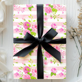 Aquarel Engelse Rozen Roze Witte Strepen Cadeaupapier