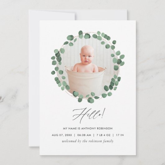 Aquarel Eucalyptus Geboorteaankondigingskaart Aankondiging (Voorkant)