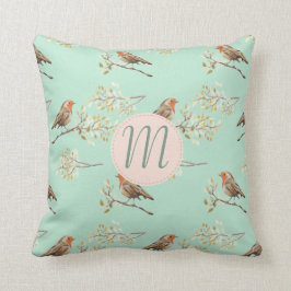 aquarel Europese Robins met Monogram Kussen