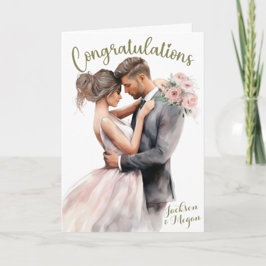 Aquarel Felicitatie aan Bruid & Bruidegom Met Name Kaart (Voorkant)
