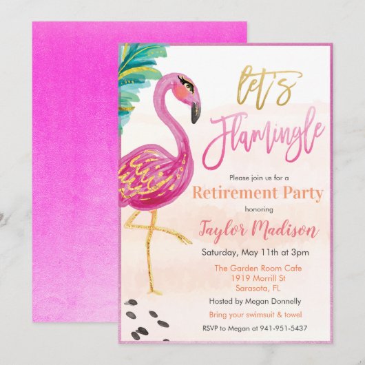 Aquarel Flamingo Uitnodiging voor Pensioenfeest (Voorkant / Achterkant)