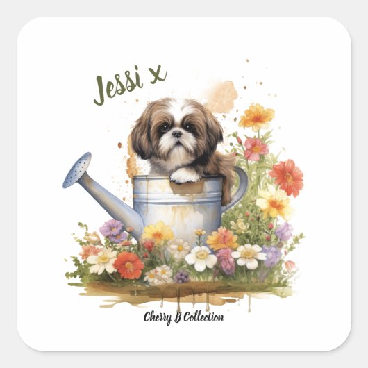 Aquarel Floral Shih Tzu, kan worden gepersonalisee Vierkante Sticker (Voorkant)