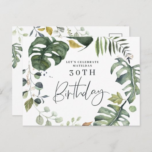 Aquarel gebladerte uitnodiging 30e verjaardagsfees (Voorkant / Achterkant)