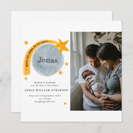 Aquarel Geboorte Aankondiging Star Moon Baby Kaart (Voorkant / Achterkant)