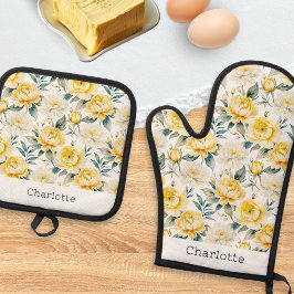 Aquarel Gele Bloem Keuken Ovenwant & Pannenlap Set