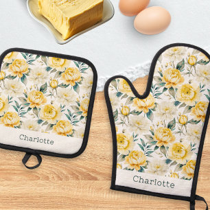 Aquarel Gele Bloem Keuken Ovenwant & Pannenlap Set