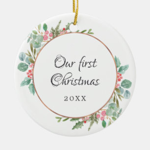 Aquarel Geometrische Onze Eerste Kerst Foto Keramisch Ornament