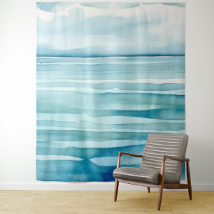 Aquarel geschilderde blauwe water oceaan lucht scè wandkleed