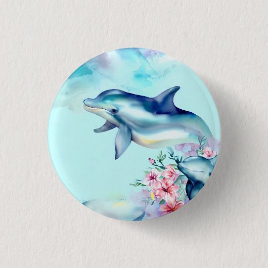 Aquarel geschilderde dolfijn  ronde button 3,2 cm (Voorkant)