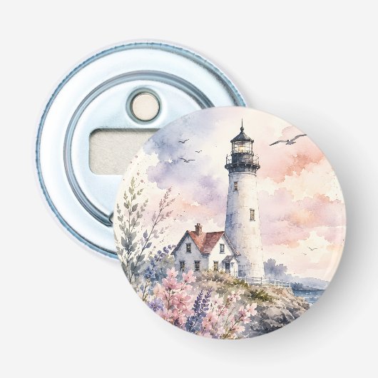 Aquarel geschilderde vuurtoren button flesopener (Voorkant)