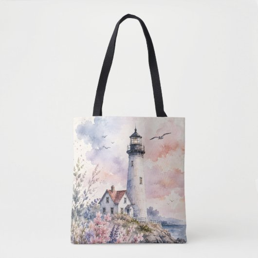 Aquarel Geschilderde Vuurtoren Tote Bag (Voorkant)