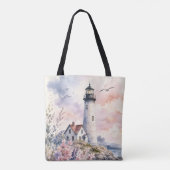 Aquarel Geschilderde Vuurtoren Tote Bag (Achterkant)