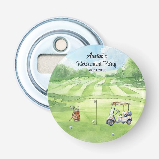 Aquarel Golfbaan Pensioenfeest Favor Button Flesopener (Voorkant)