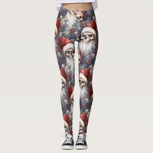 Aquarel Gotische Kerstschedels in Santa Hats Leggings (Voorkant)