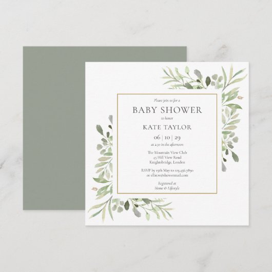 Aquarel Goud Groen Baby shower | Bestrooien Kaart (Voorkant / Achterkant)