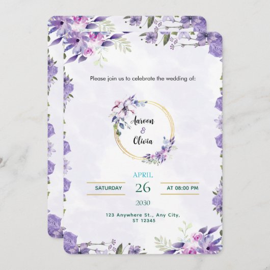 Aquarel Goud & Paars Uitnodiging (Voorkant / Achterkant)