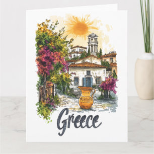 Aquarel Griekenland: Dorpsscène met Bloemen Kaart