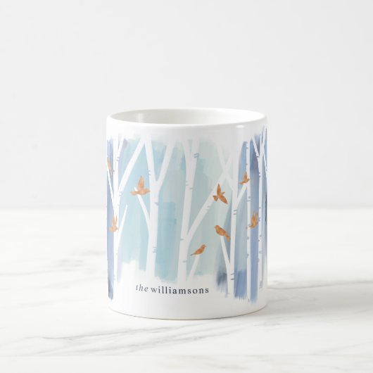Aquarel Grijze Was Berkenbomen & Gouden Duiven Koffiemok (Center)