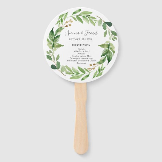 Aquarel groen bruiloft ceremonie programma handwaaier (Voorkant)