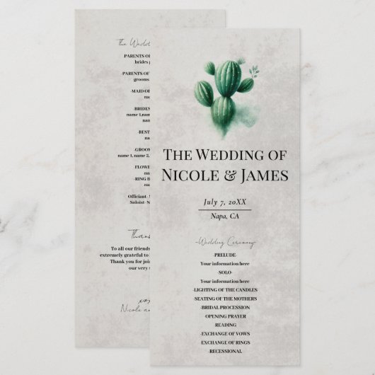 Aquarel Groen Cactus Steen Grijs Huwelijksprogramm Menu (Voorkant / Achterkant)