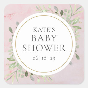 Aquarel Groen Meisje Baby shower Roze Marmer Vierkante Sticker