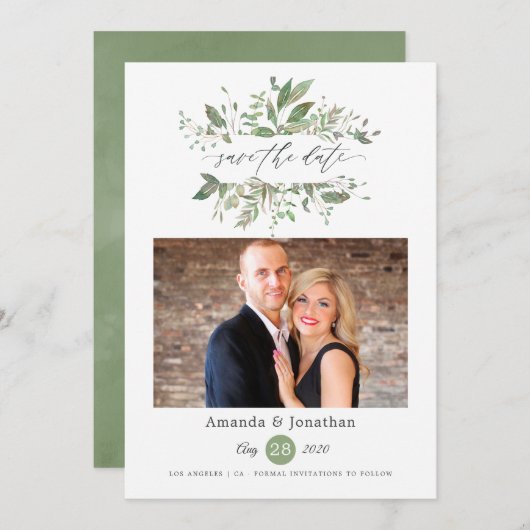 Aquarel Groene Foto Bruiloft Save The Date (Voorkant / Achterkant)