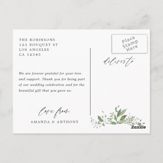 Aquarel Groene Huwelijksfoto Bedankt Briefkaart (Achterkant)