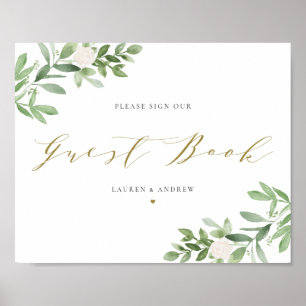 Aquarel Groene planten en Witte Bloemen Gastboek Poster
