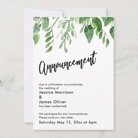 Aquarel Groene Uitgestelde Trouwkaart Aankondiging (Voorkant)