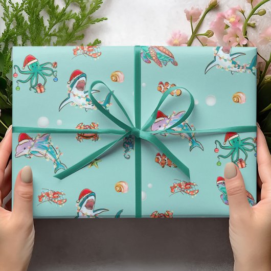 Aquarel Haaienrif Kerst Zeedieren Dolfijn Cadeaupapier