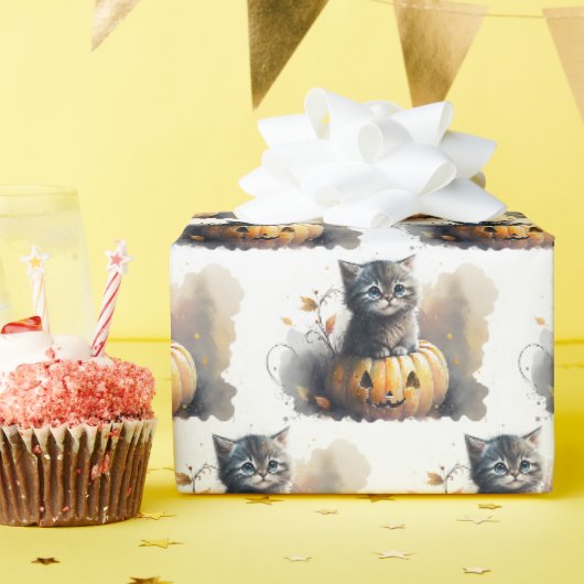 Aquarel Halloween Kitten In een Jack-o-lantern Cadeaupapier (Verjaardagsfeest)