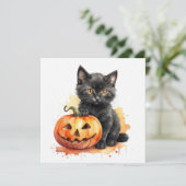 Aquarel Halloween Zwarte Kitten en Pompoen  Feestdagenkaart (Staand voorkant)