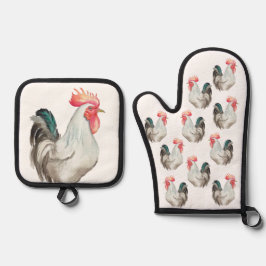 Aquarel hand tekening van een Haan Ovenwant & Pannenlap Set